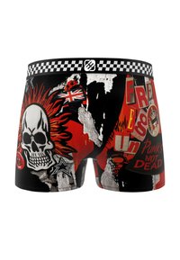 Boxer shorts noirs avec un design de crâne rouge et blanc, accentués par une taille à motif damier et divers motifs graphiques, y compris du texte et des étoiles.