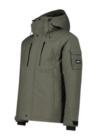 Khaki vandtæt jakke med hætte, der har lynlåslommer på fronten, justerbare snore og et logo patch på ærmet.