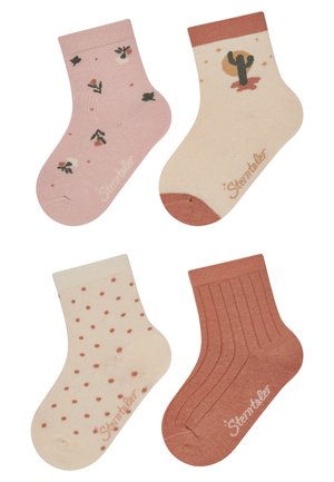 Vier Paar Knöchelsocken: pink mit Blumenmuster, cremefarben mit Punkten, cremefarben mit Kaktus-Design und rostfarbene Socken mit geripptem Muster.