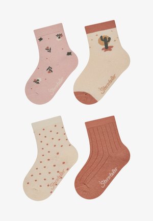 Vier Paar Knöchelsocken: pink mit Blumenmuster, cremefarben mit Punkten, cremefarben mit Kaktus-Design und rostfarbene Socken mit geripptem Muster.