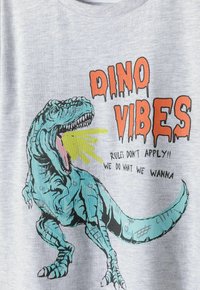 Šedé tričko s tyrkysovou grafikou dinosaura a žlutým výbuchem, obklopené černým textem: "DINO VIBES," "PRAVIDLA NEPLATÍ!" a "DĚLÁME, CO CHCEME."
