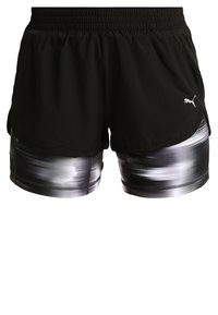 Shorts deportivos negros con una cintura elástica. Debajo, shorts ajustados en un degradado de gris y negro con textura suave y detalles de costura.