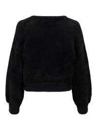 Black cropped sweater with a soft, fuzzy texture. Features long, puffy sleeves and a rounded neckline. Simple and solid color design.