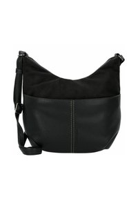 Borsa a tracolla in pelle nera con un pannello superiore in suede morbido. Presenta una forma curvata, una tracolla regolabile e dettagli di cucitura a contrasto.