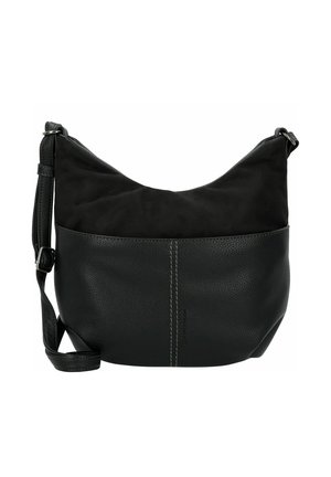 Schwarze Lederschultertasche mit einer weichen, Wildleder-Obenfläche. Verfügt über eine geschwungene Form, einen verstellbaren Riemen und kontrastierende Nähte.
