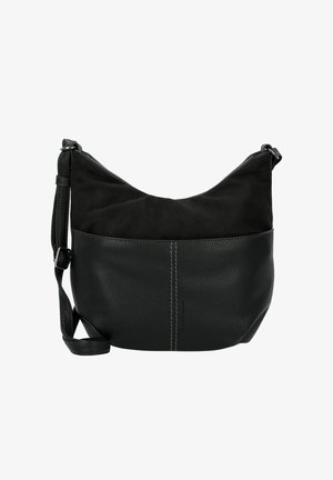 Borsa a tracolla in pelle nera con un pannello superiore in suede morbido. Presenta una forma curvata, una tracolla regolabile e dettagli di cucitura a contrasto.