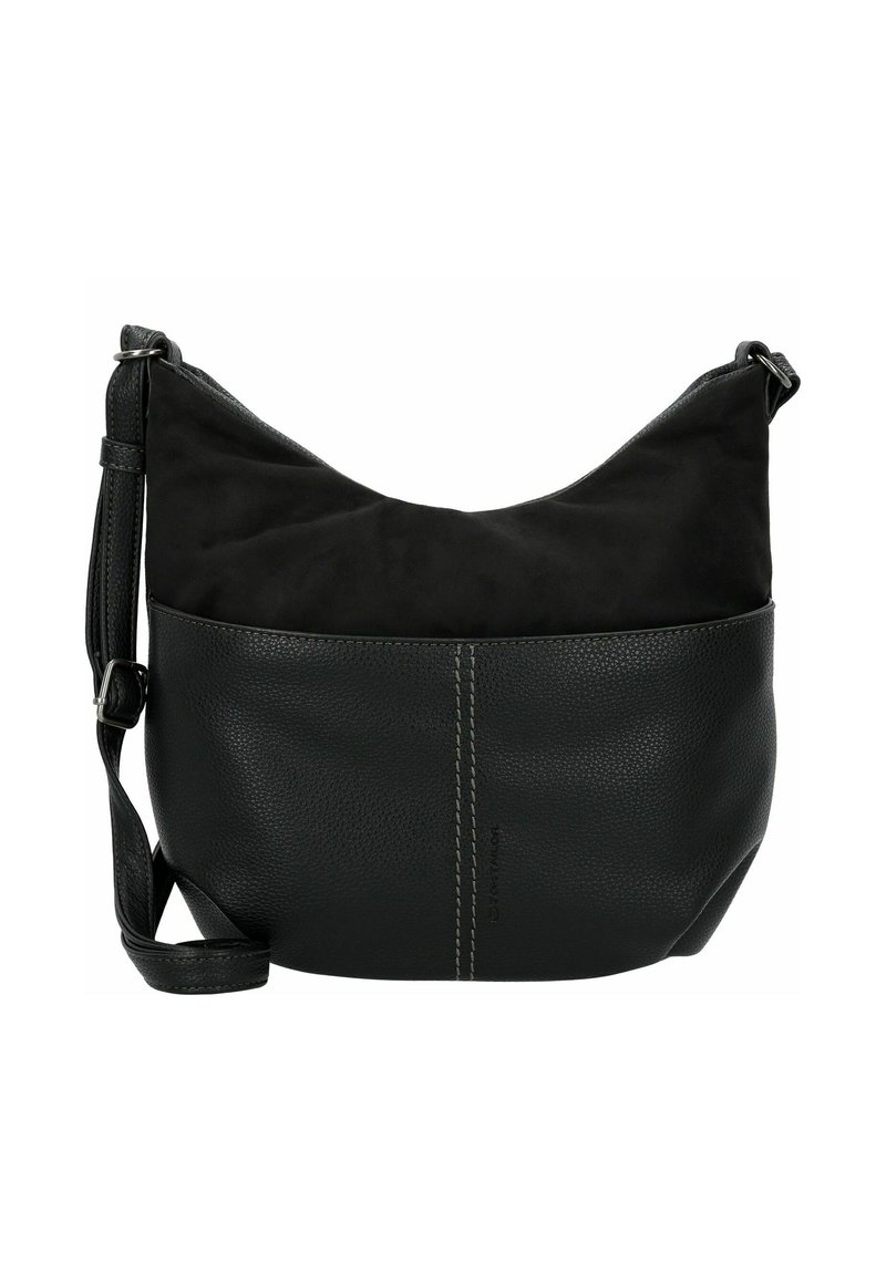 Borsa a tracolla in pelle nera con un pannello superiore in suede morbido. Presenta una forma curvata, una tracolla regolabile e dettagli di cucitura a contrasto.