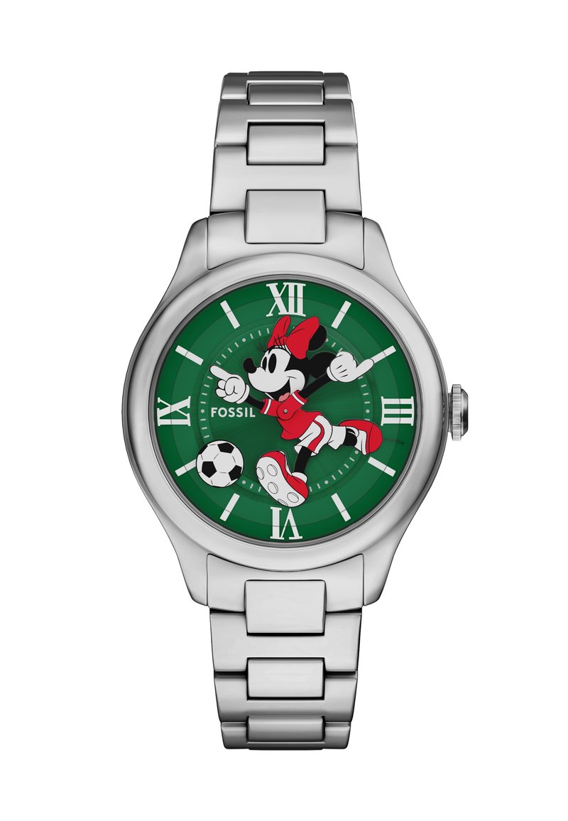 Silverfärgad klocka i rostfritt stål med en grön rund urtavla som har en fotbollsspelande karaktär, vita timmarkörer och röda accenter.