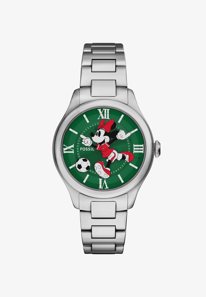 Silverfärgad klocka i rostfritt stål med en grön rund urtavla som har en fotbollsspelande karaktär, vita timmarkörer och röda accenter.