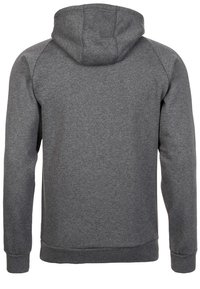 Harmaa huppari, jossa on pitkät hihat, ribbireunat ja alahelma. Pehmeää kangasta, jossa on sileä rakenne, yksinkertainen muotoilu.