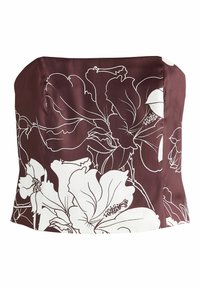 Top fara bretele cu fundal burgundy si imprimeuri mari albe florale. Material neted, usor, cu un design mulat si margini curate.