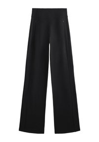 Schwarze, weit geschnittene Hose aus einem weichen Stoff, mit einem hohen Bund und zwei mit Reißverschluss versehenen Taschen, sowie dezenten Nähten entlang der Seiten.