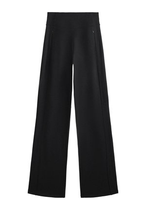 Pantaloni neri a gamba larga realizzati in un tessuto morbido, dotati di una vita alta e due tasche con zip, con cuciture sottili lungo i lati.