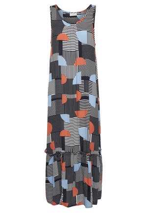 Robe longue sans manches avec motif géométrique rayé noir et blanc, soulignée de demi-cercles bleus et orange, avec un ourlet froncé.