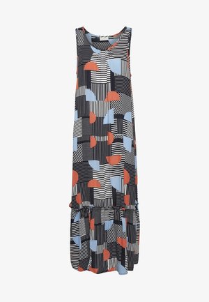 Robe longue sans manches avec motif géométrique rayé noir et blanc, soulignée de demi-cercles bleus et orange, avec un ourlet froncé.