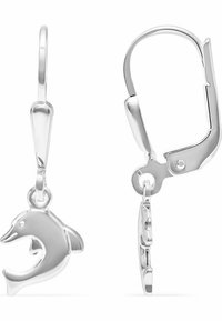 Silverf ärgade örhängen i form av delfiner med en polerad yta och lås med spänne. Designen har mjuka kurvor och en detaljerad svans.