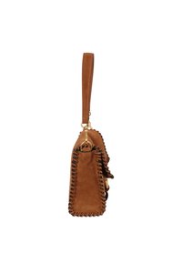 Brown suede handbag with black stitching accents, a top handle, and a gold-tone hardware detail. Compact rectangular shape.