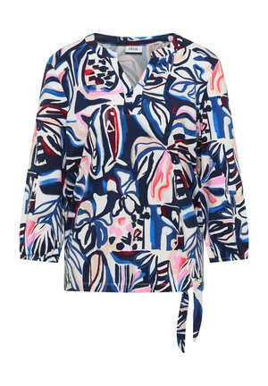 Blouse à manches longues avec motifs floraux et de feuilles abstraits en bleu marine, rose, blanc et bordeaux, dotée d'une encolure fendue et d'un détail de lien sur le côté.