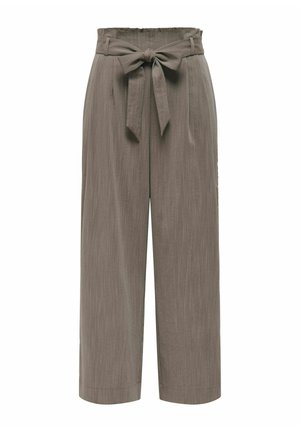 Pantalons larges en tissu taupe doux. Caractéristiques d'une taille ajustée avec passants de ceinture et un nœud noué à l'avant. Détail de texture verticale.