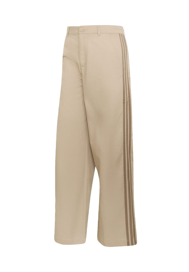 Beige wide-leg pants with button and zipper closure, featuring three darker beige side stripes along the outer seams.