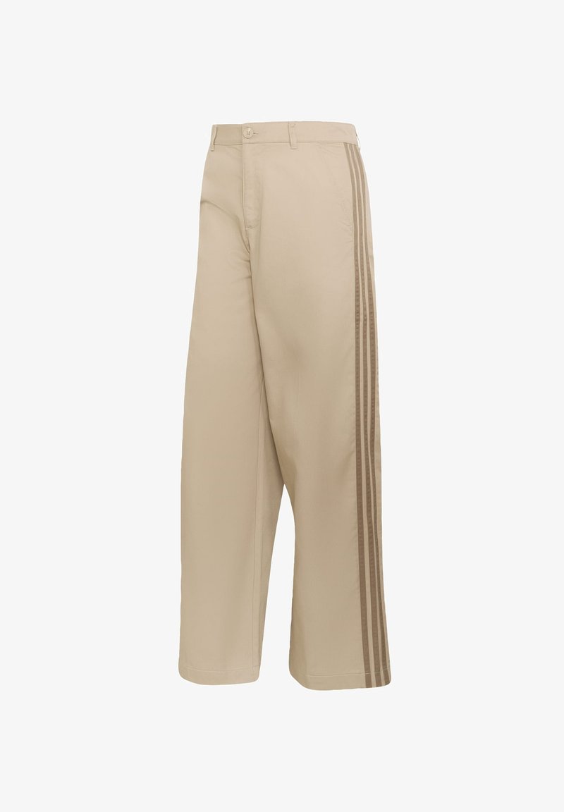 Beige wide-leg pants with button and zipper closure, featuring three darker beige side stripes along the outer seams.