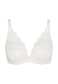 Soutien-gorge en dentelle blanche avec broderies florales, support sous-vide et bretelles réglables, présenté sur un fond blanc uni.