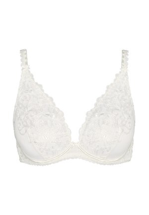 Soutien-gorge en dentelle blanche avec broderies florales, support sous-vide et bretelles réglables, présenté sur un fond blanc uni.
