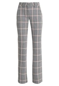 Hoge taille rechte broek met een grijs-roze ruitpatroon en een bijpassende stoffen riem in de taille.