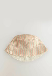 Gestreepte bucket hat in crèmekleurige, roze en grijze tinten. Gemaakt van zachte stof met een brede, losse rand en een klein logo-label aan de zijkant.
