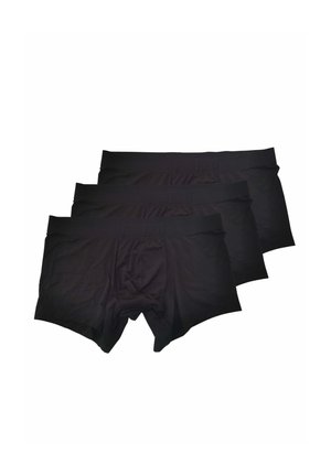 Tre boxer neri da uomo impilati e allineati su sfondo bianco.