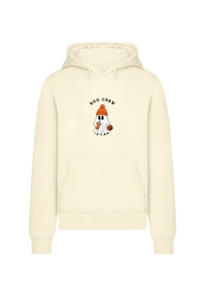 Cremfarbener Hoodie mit einer Fronttasche. Zeichnet ein Grafik eines Geistes, der eine orange Mütze trägt, ein Getränk hält und einen Kürbis.