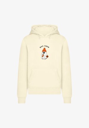 Cream-colored hoodie with a front pocket. Features a graphic of a ghost wearing an orange beanie, holding a drink and a pumpkin.