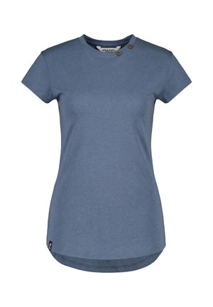 Blue short-sleeve women's t-shirt with two brown buttons near the round neckline and a small black logo tag at the bottom hem.