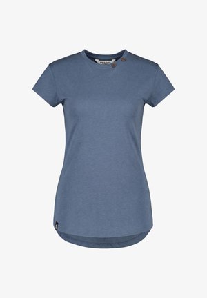 Blaues Damen-T-Shirt mit kurzen Ärmeln, zwei braunen Knöpfen am rundem Halsausschnitt und einem kleinen schwarzen Logoetikett am unteren Saum.
