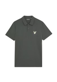 Polo grigio scuro realizzato in tessuto morbido, caratterizzato da un colletto a tre bottoni e da un piccolo logo bianco a forma di aquila sul lato sinistro del petto.