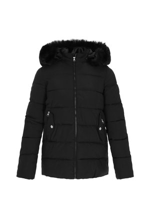 Jachetă puf închisă la culoare, cu glugă detașabilă din blană sintetică, închidere cu fermoar pe față, două buzunare laterale cu închidere tip clapă și textură matlasată.