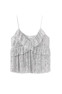 Srebrna skrajšana majica z drobnim nabranim vzorcem in volančastim ovratnikom. Ima tanke naramnice in vodoravne volančke.