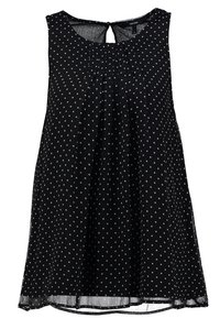 Top senza maniche nero con pois bianchi, caratterizzato da un davanti arricciato, dettaglio a occhiello nella parte posteriore e un tessuto leggero e fluido.