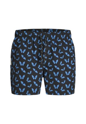 Shorts noirs avec taille élastique et motif papillon bleu, avec cordon de serrage avant pour ajustement.