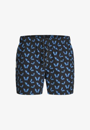 Shorts noirs avec taille élastique et motif papillon bleu, avec cordon de serrage avant pour ajustement.
