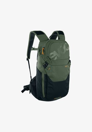 Backpack featuring a two-tone design with a green upper and black lower section. Made of durable material, includes adjustable padded straps.