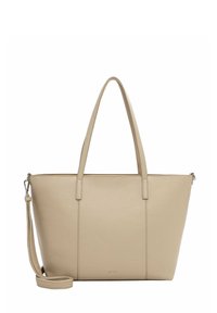 Beige leren tote bag met twee stevige handvatten en een afneembare schouderriem. Soepele textuur, minimalistisch ontwerp en ritsafsluiting.