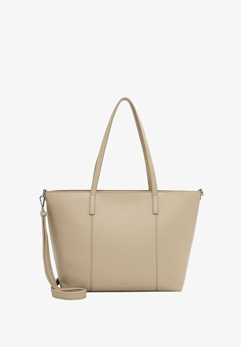 Beige leather tote bag with two sturdy handles and a detachable shoulder strap. Smooth texture, minimalist design, and zipper closure.