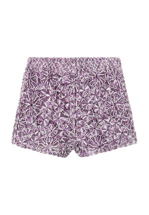 Short en dentelle florale violette et blanche avec ceinture élastique et ourlet festonné, conçu pour un look féminin et léger.