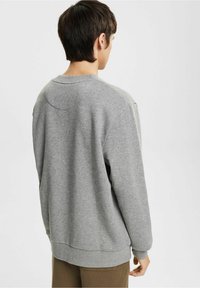 Felpa grigia con collo rotondo, polsini e orlo a costine, caratterizzata da una texture liscia e un design semplice. La vista posteriore mostra dettagli minimi.