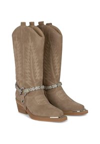 Stivali da cowboy in camoscio color bronzo chiaro con punte appuntite, cuciture decorative e un dettaglio metallico sulla punta. Una fascia intrecciata metallica avvolge la caviglia.