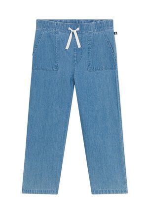 Light blue denim pants with a relaxed fit, featuring an elastic waistband, white drawstring, and two front pockets.