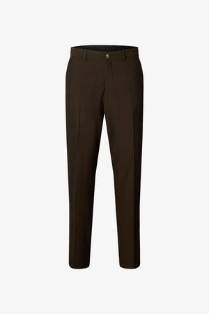 Tumedat pruuni värvi kohandatud püksid vööaasade, eesmise nööbi ja tõmblukuga, valge taustaga.