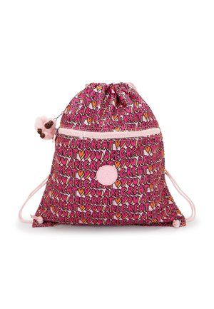 Borsa a coulisse di colore rosa acceso con testo ripetuto "You are great" e motivi a cuore, tasca frontale con zip e ciondolo portachiavi rosa soffice attaccato.