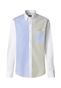 Camicia a maniche lunghe con bottoni, maniche bianche, strisce verticali blu e beige sul davanti e taschino al petto a righe blu.